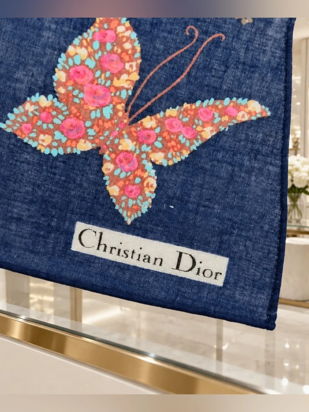 Christian Dior Navy Floral Handkerchief Blue Floral Butterfly 18x18